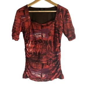 GNW Women’s Size Medium Y2K Square Neck Mesh Artzy Print‎ Blouse Top